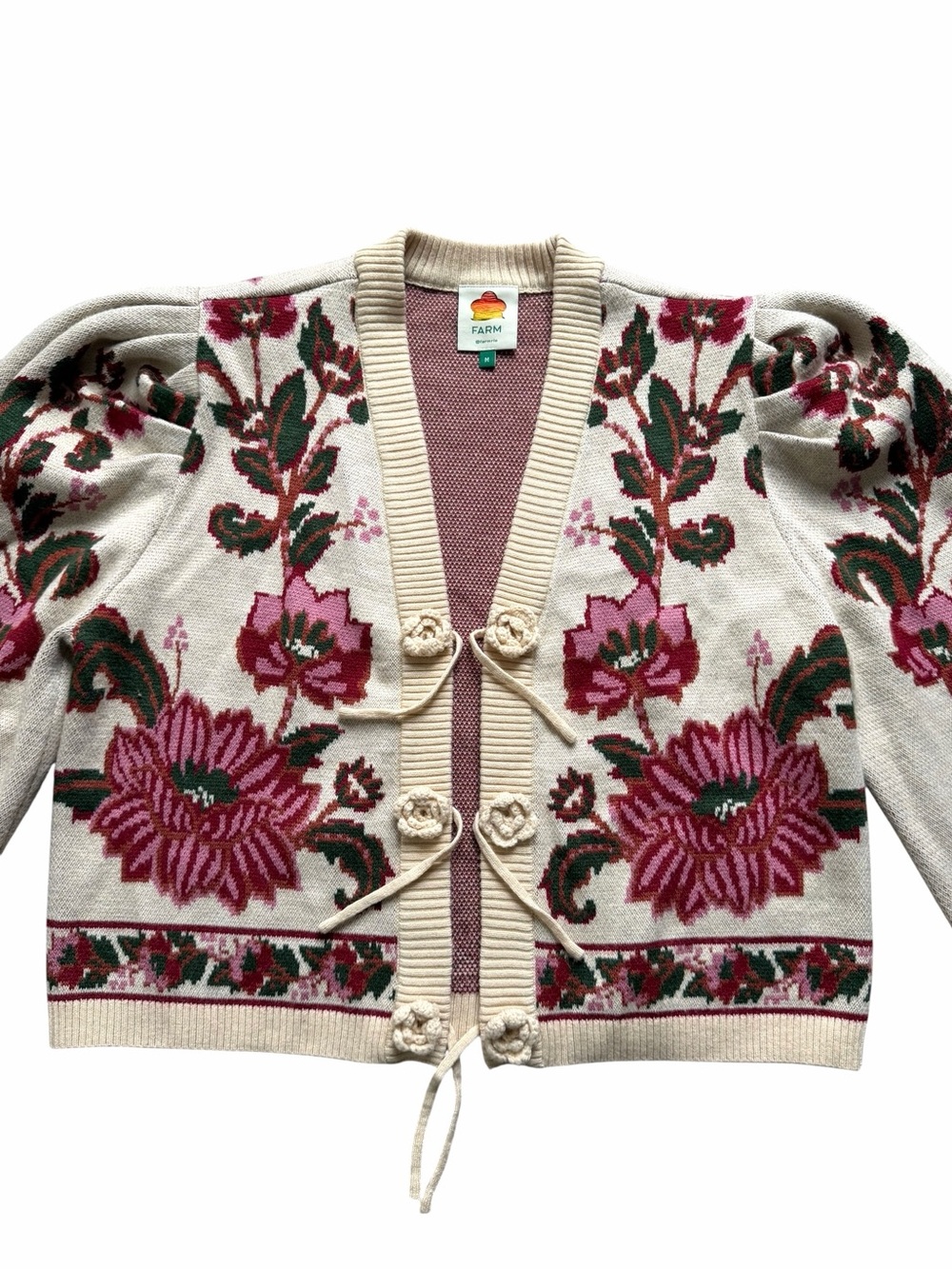 FARM Rio Ravenala Floral Intarsia Knitted Cardigan Medium Cream Puff Sleeve - Picture 3 of 11
